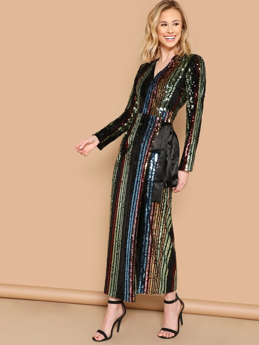 SHEIN 條紋亮片貼布側綁結連衣裙 - 彩色 - 查看 1