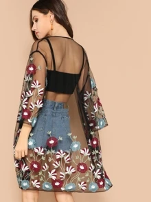 SHEIN Flower Embroidery Sheer Kimono, For Summer Beach Vacation - Multicolor - View 2