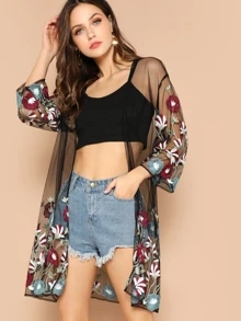 SHEIN Flower Embroidery Sheer Kimono, For Summer Beach Vacation - Multicolor - View 1