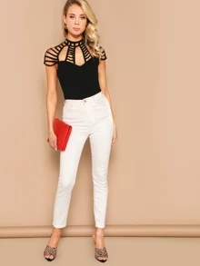SHEIN Privé Caged Yoke Form Fitting Top - Black - View 5