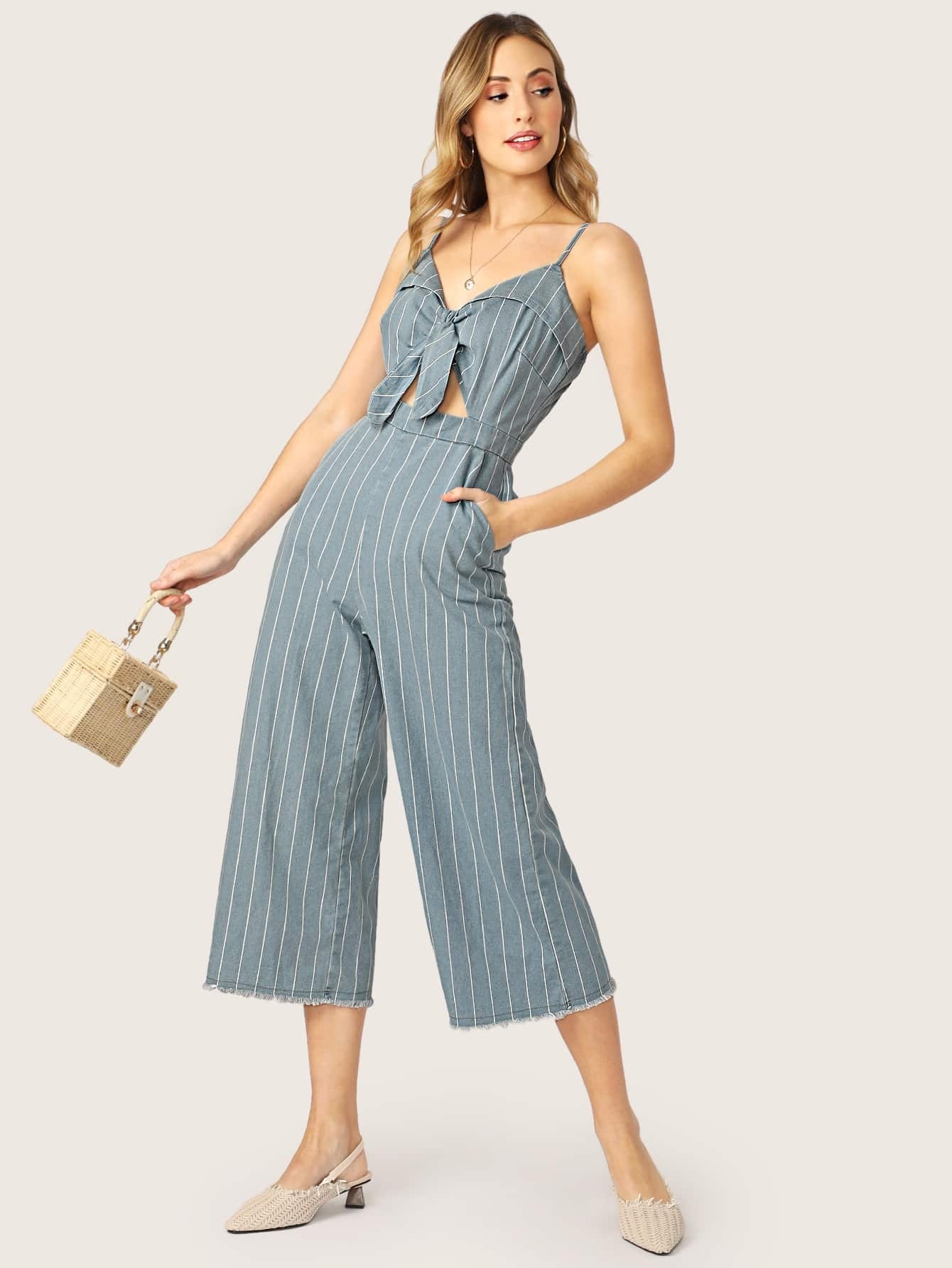 striped knot hem jumpsuit