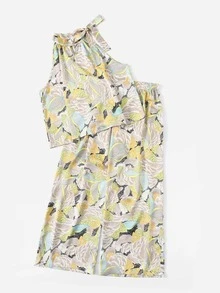 Top con nudo con estampado de hoja con pantalones-grande - Multicolor - Ver 3