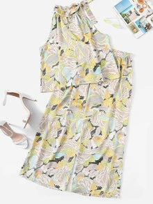 Top con nudo con estampado de hoja con pantalones-grande - Multicolor - Ver 1