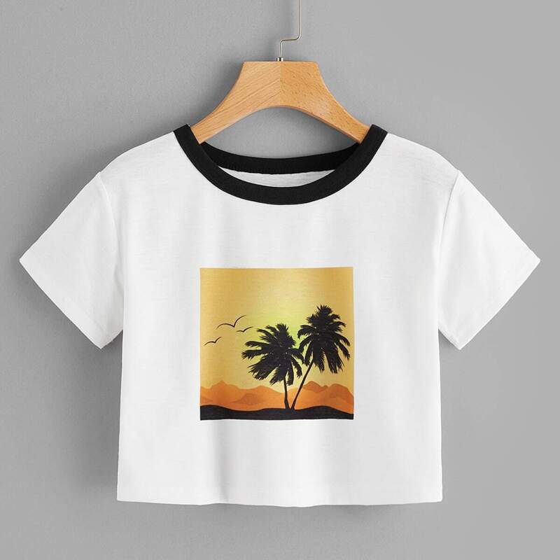 

Tropical Print Ringer Tee, White