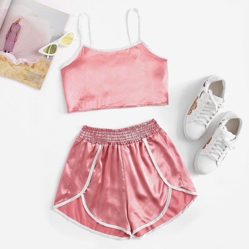 

Pink Bright Contrast Binding Cami Top With Shorts