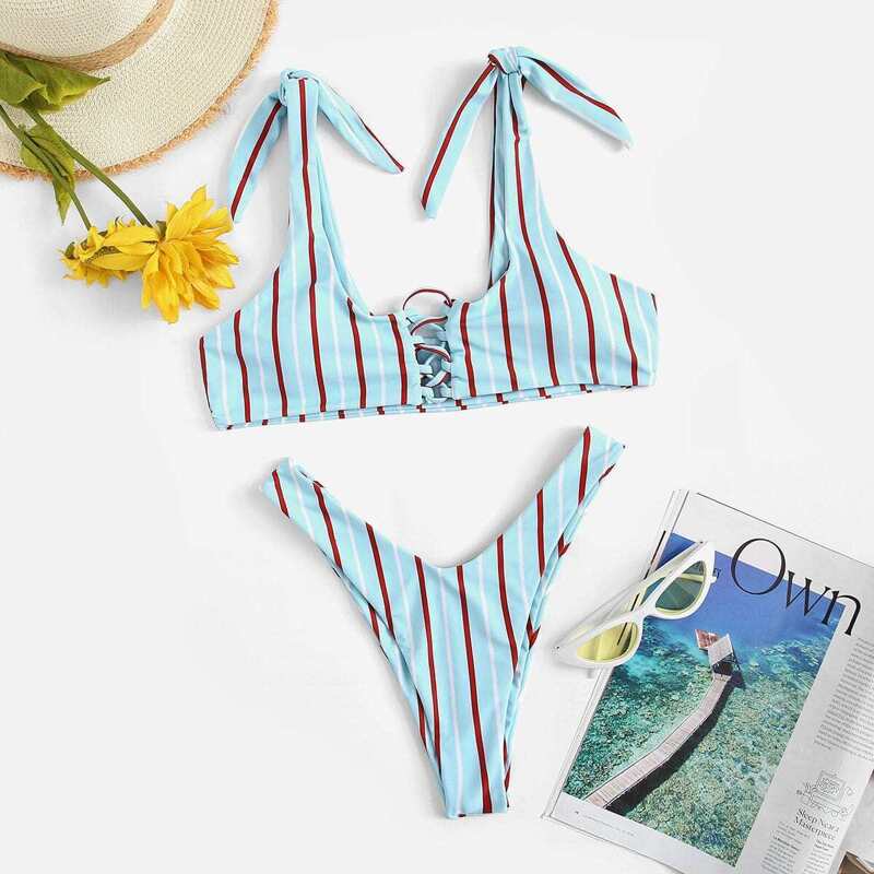 

Striped Lace-up Top With High Cut Bikini, Blue
