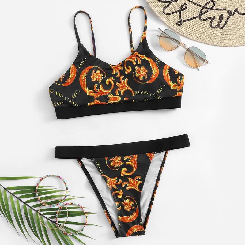 

Flower & Chain Print Tanga Bikini Set, Multicolor