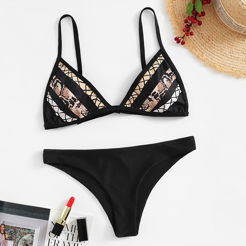 

Snakeskin Triangle Top With Hipster Bikini Set, Black