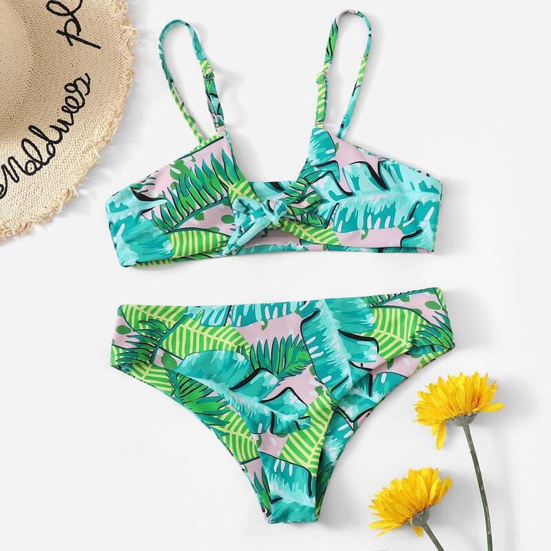 

Palm Print Knot Front Top With Panty Bikini, Multicolor