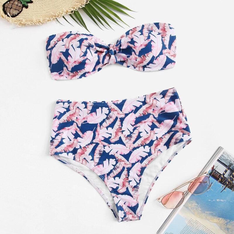 

Leaf Print Bandeau With High Waist Bikini, Multicolor