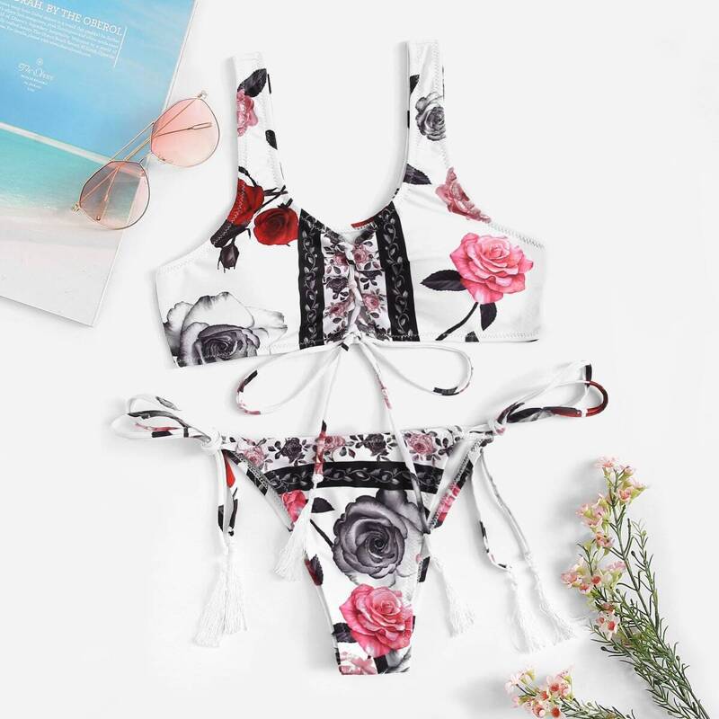 

Floral Lace-up Top With Tie Side Bikini Set, Multicolor