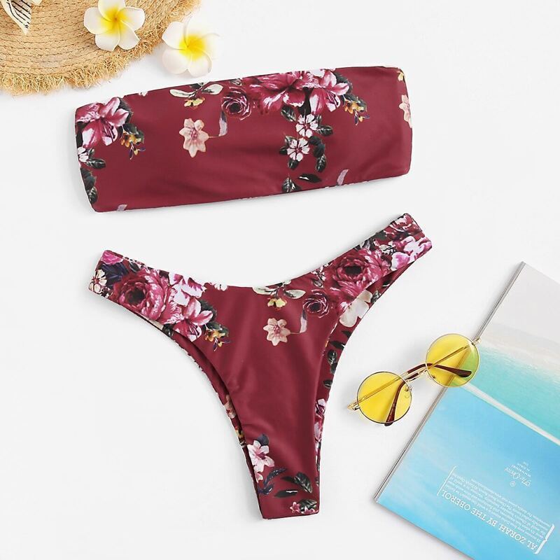 

Floral Bandeau With High Cut Bikini Set, Multicolor