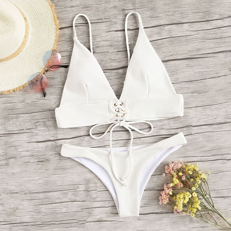 

Ribbed Lace-up Top With Hipster Bikini Set, White