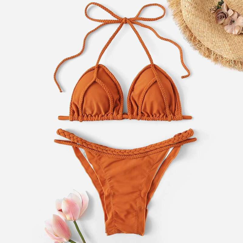 

Braided Halter Top With Ruched Tanga Bikini, Brown