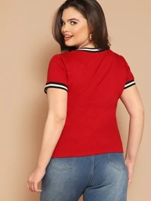 SHEIN 大碼v領鑲邊上衣 - 紅色 - 查看 2