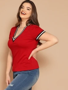 SHEIN 大碼v領鑲邊上衣 - 紅色 - 查看 3