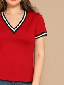 SHEIN 大碼v領鑲邊上衣 - 紅色 - 查看 4
