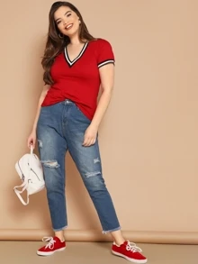 SHEIN 大碼v領鑲邊上衣 - 紅色 - 查看 5