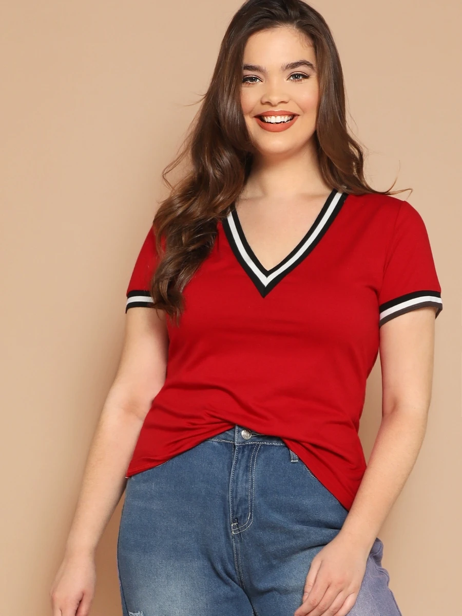 SHEIN 大碼v領鑲邊上衣 - 紅色 - 查看 1