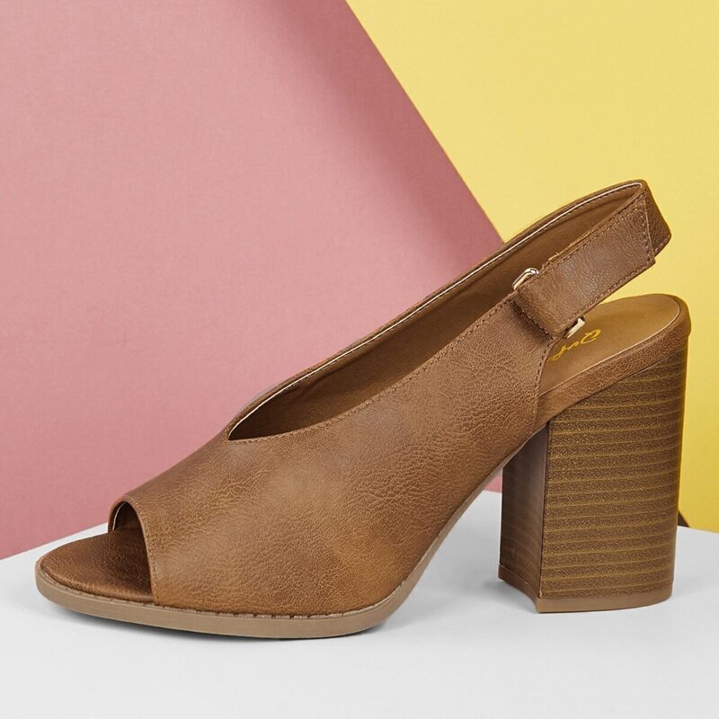 

Open Vamp Peep Toe Block Heel Slingback Sandals, Brown