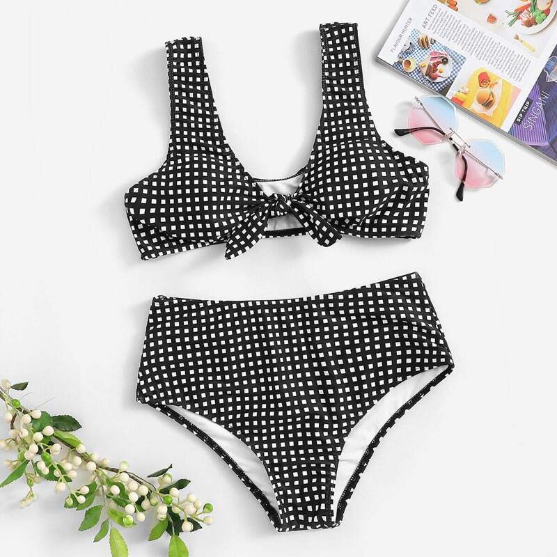 

Gingham Knot Front Top With Panty Bikini, Black and white