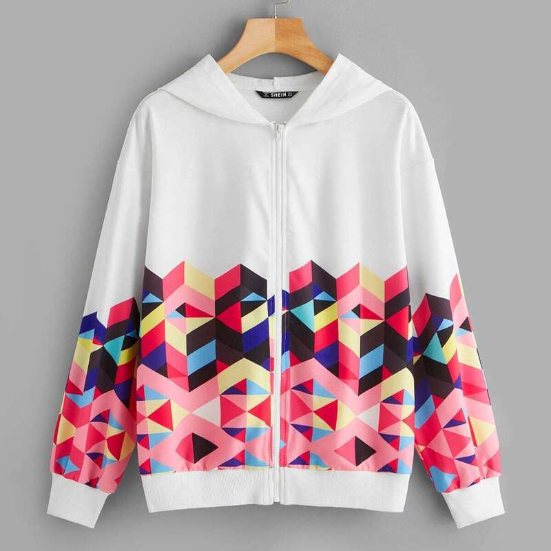 

Geo Print Zipper Up Hoodie, Multicolor
