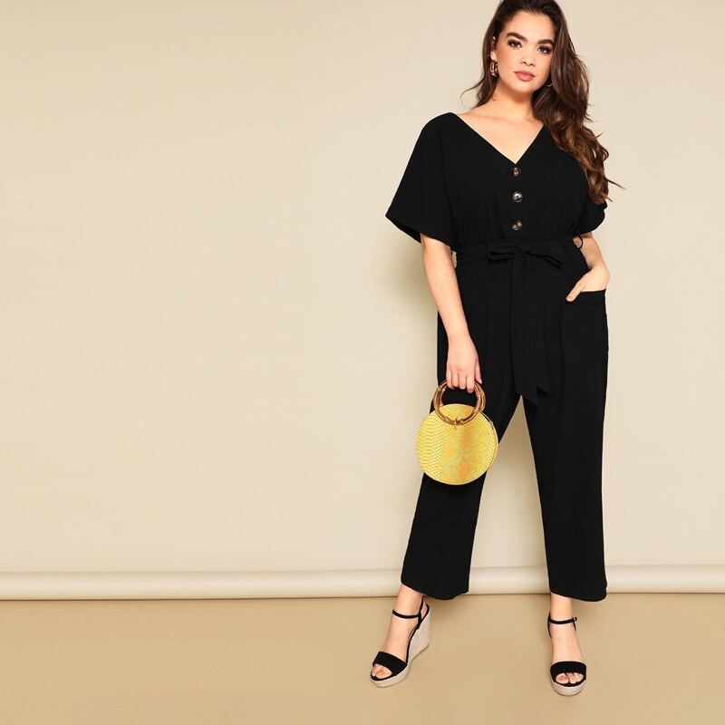 

Plus Button Front Wide Leg Belted Jumpsuit, Black