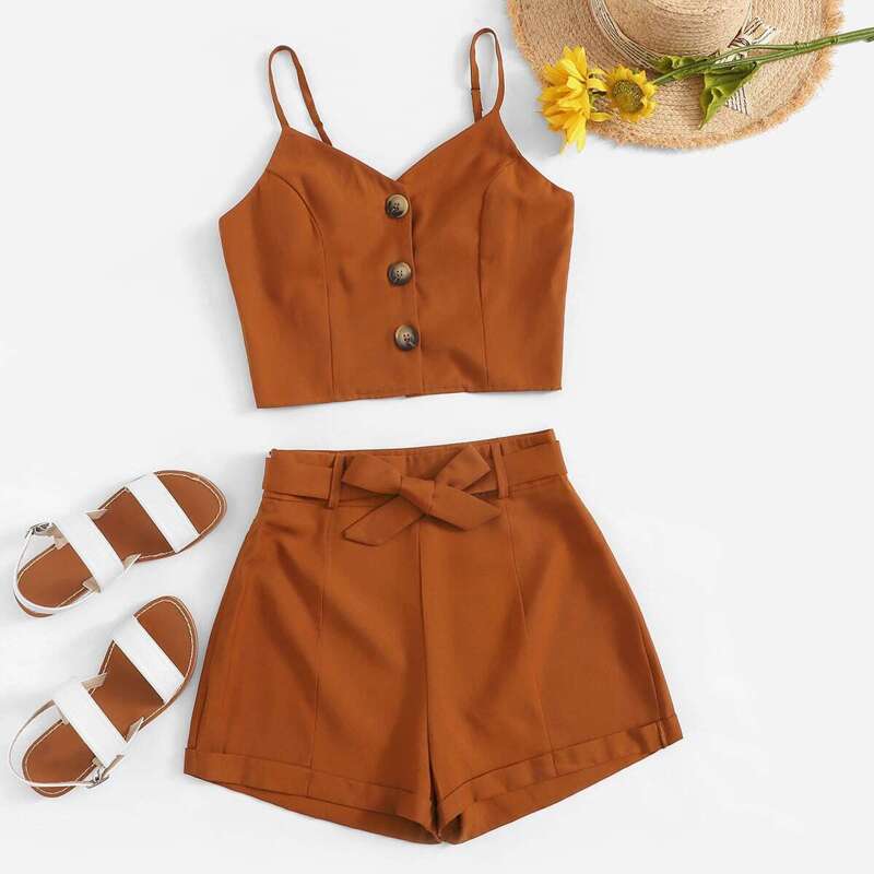 

Button Front Cami Top With Belted Shorts, Brown