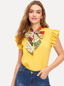 Contrast Scarf Print Tie Neck Ruffle Trim Blouse