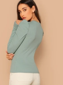 Mulvari Mock Neck Gigot Sleeve Rib-knit Tee - Mint Green - View 2
