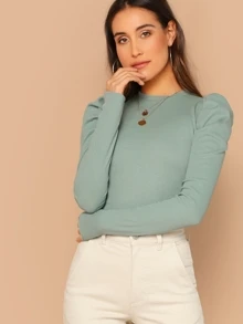 Mulvari Mock Neck Gigot Sleeve Rib-knit Tee - Mint Green - View 3
