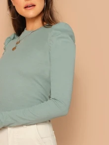 Mulvari Mock Neck Gigot Sleeve Rib-knit Tee - Mint Green - View 4