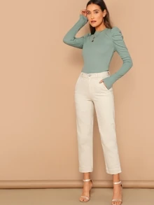 Mulvari Mock Neck Gigot Sleeve Rib-knit Tee - Mint Green - View 5