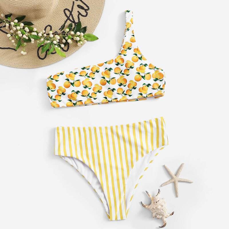 

Random Orange One Shoulder Top With Striped Bikini, Yellow pastel
