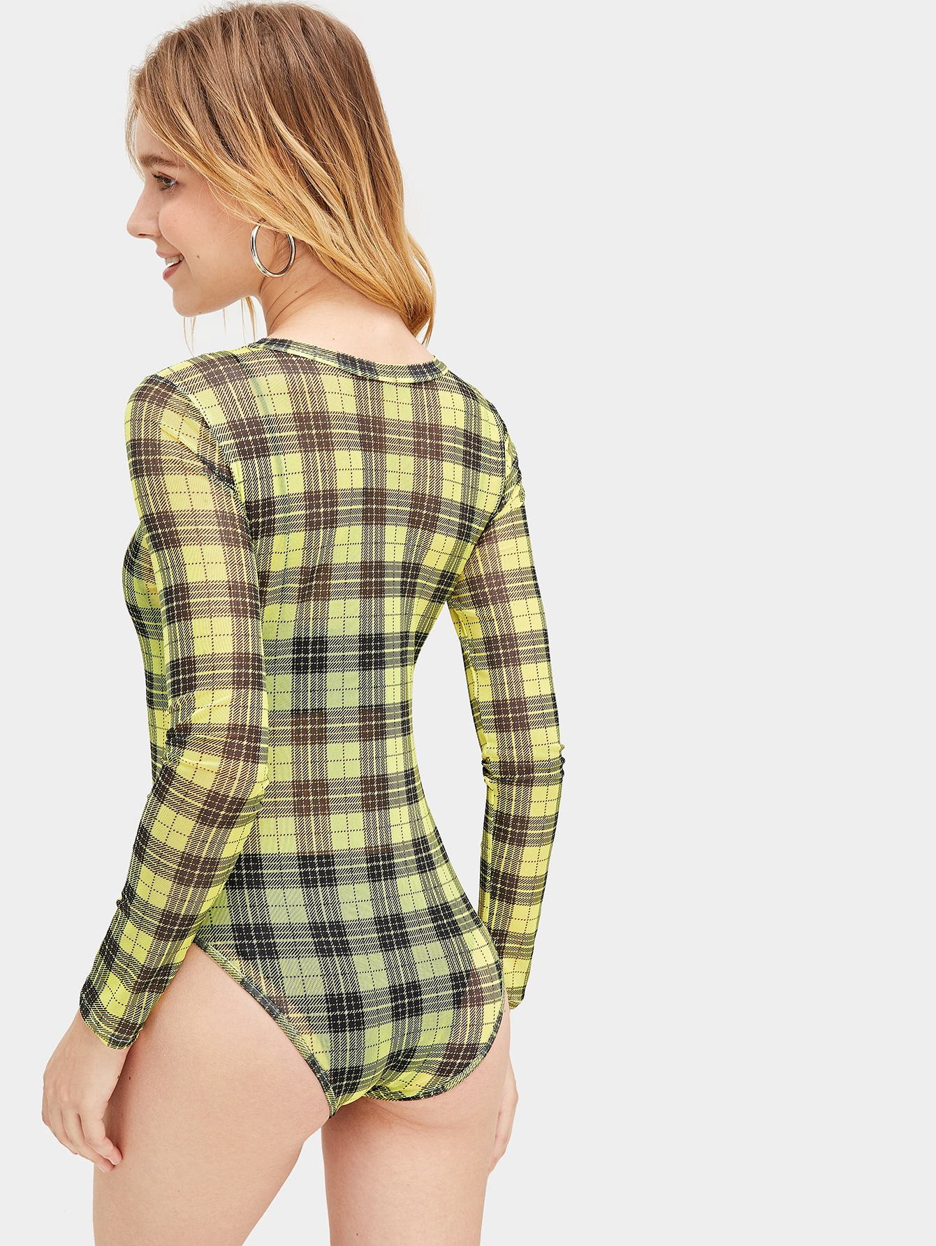 Tartan Plaid Sheer Mesh Bodysuit ROMWE
