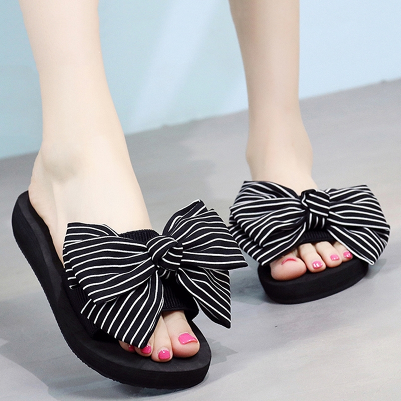 

Striped Bow Decor Open Toe Sliders, Black