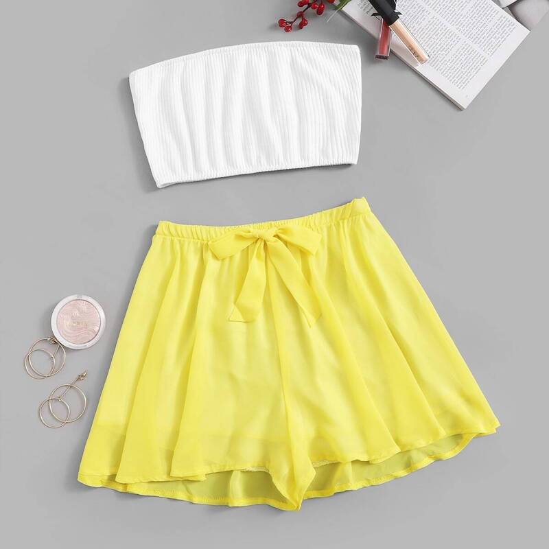 

Ribbed Bandeau Top & Tie Waist Shorts PJ Set, Multicolor