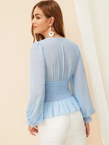 SHEIN Plunge Swiss Dot Mesh Button Peplum Top - Baby Blue - View 2
