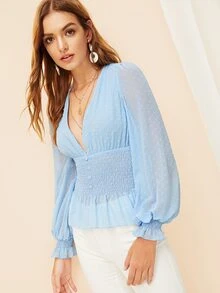 SHEIN Plunge Swiss Dot Mesh Button Peplum Top - Baby Blue - View 6