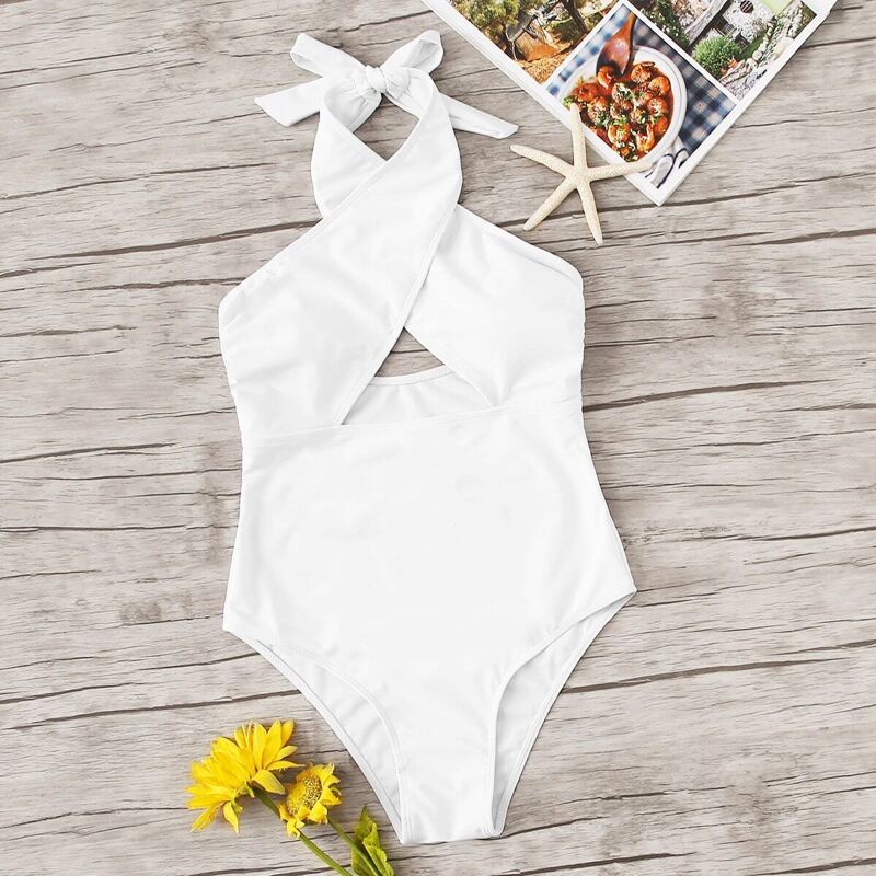 

Criss Halter Low Back One Piece Swimwear, White