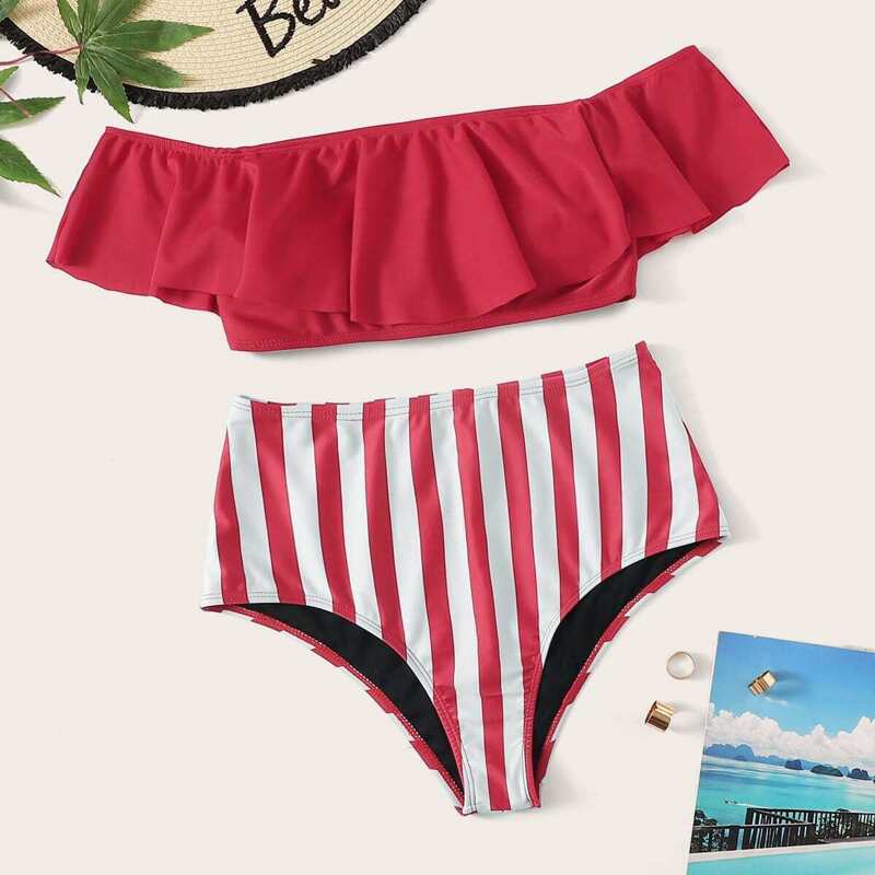 

Floaty Bardot Top With Striped High Waist Bikini, Multicolor bright