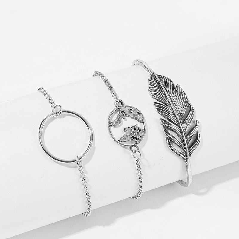

Feather & Circle Decorated Chain Bracelet 3pcs, Silver