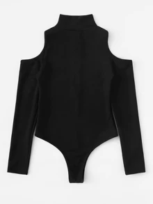 Half Zip Cold Shoulder Bodysuit - Black - View 2