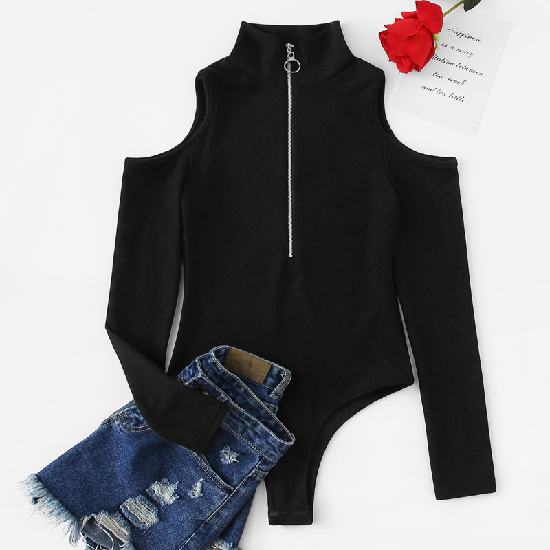 

Cold-shoulder Zip Up Neck Bodysuit, Black