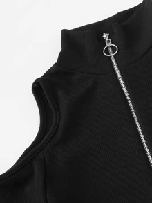 Half Zip Cold Shoulder Bodysuit - Black - View 3