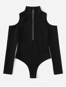 Half Zip Cold Shoulder Bodysuit - Black - View 5
