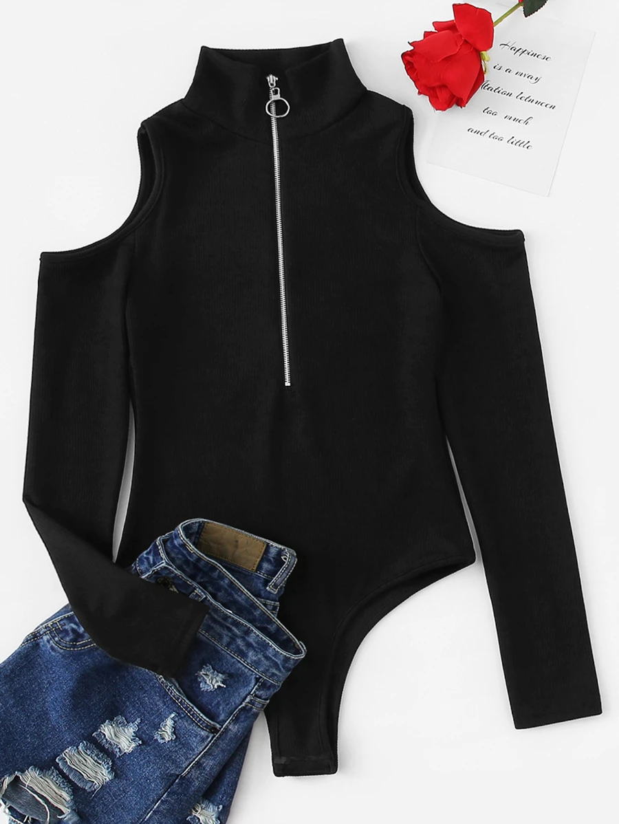 Half Zip Cold Shoulder Bodysuit - Black - View 1