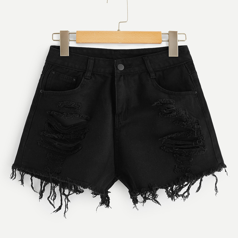 

Ripped Raw Hem Denim Shorts, Black