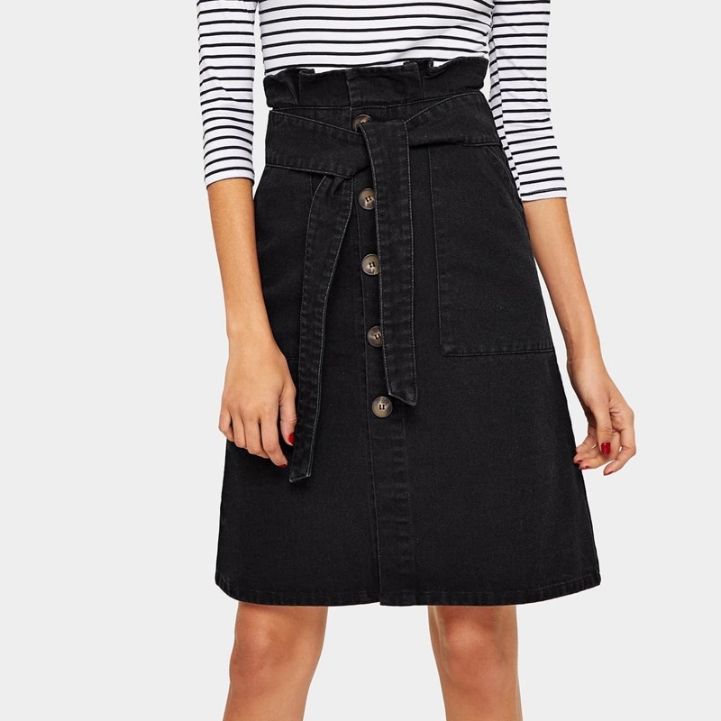 

Single Breasted Belted Denim Skirt, Black
