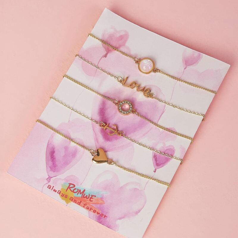

Heart & Letter Detail Bracelet Set 5pcs, Gold